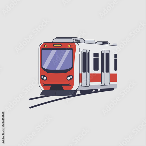 A modern, stylized illustration of a red and white commuter train traveling on railway tracks against a plain background.