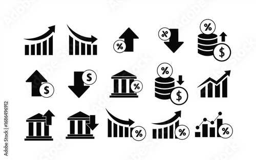 Set of low and high interest rate icons. Percentage, growth, decline, mortgage, loan, and finance symbols with up and down arrows for banking and economics. Vector illustration.