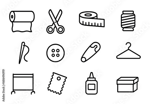 Textile Icon Set. Outline icon set of fabric and textiles: fabric roll, scissors, measuring tape, thread,