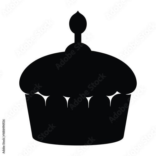 Black silhouette of a celebratory cupcake with a candle on top, isolated