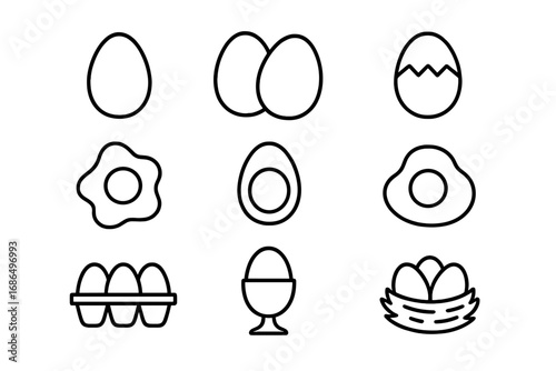 Eggs Outline Icon Collection with Editable Stroke, Perfect for Infographics, Articles, Books, Flyers, Banners, Vector Cartoon Illustration, Transparent Background, Food and Breakfast Symbols