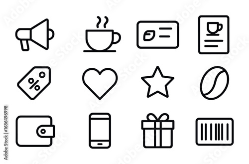 Café Marketing Icons. Outline icon set of café marketing: megaphone, coffee cup, card, flyer, discount tag,