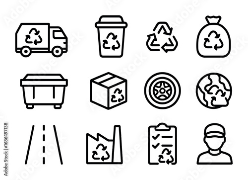 Recycling Truck Icons. Outline icon set of recycling trucks: truck, bin, recycle arrows, bag, container, box,