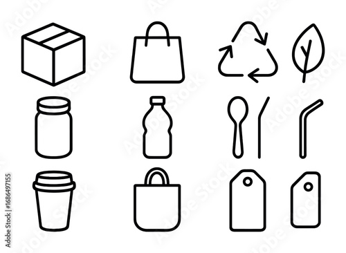 Eco Packaging Icons. Outline icon set of eco packaging: box, bag, recycle arrows, leaf, jar, bottle, spoon,