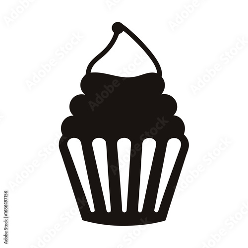 A monochrome illustration of a delicious cupcake with icing and topping