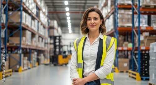 Portrait of a confident female warehouse manager wearing a safety vest, smiling at the camera in a large distribution center aisle