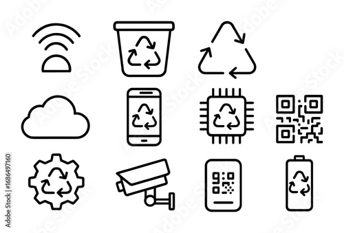 Smart Recycling Icons Set. Outline icon set of smart recycling technology: sensor, bin, arrows, cloud, app,