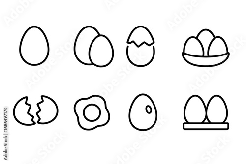 Eggs outline icon collection, editable stroke set, cartoon style vector illustration with whole egg, cracked egg, fried egg, egg tray, perfect for infographics, articles, books, flyers, banners design