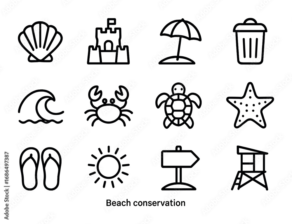 Naklejka premium Beach Conservation Icons. Outline icon set of beach conservation: seashell, sandcastle, umbrella, trash bin,