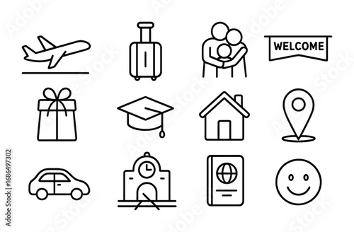 Homecoming Icon Set. Outline icon set of returning home after study abroad: airplane landing, suitcase, family