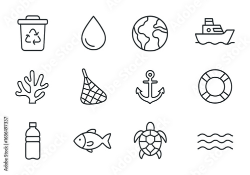 Ocean Conservation Icons. Outline icon set of ocean conservation: recycling bin, water drop, globe, boat,