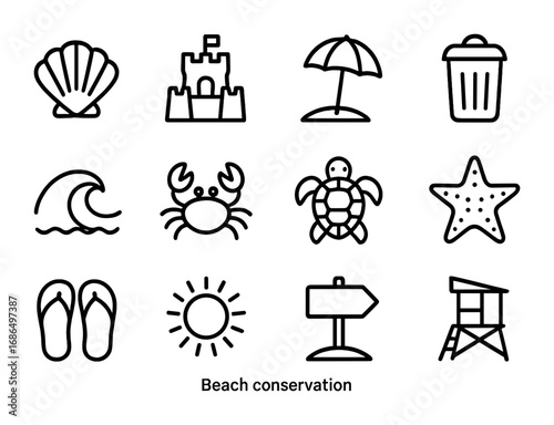Beach Conservation Icons. Outline icon set of beach conservation: seashell, sandcastle, umbrella, trash bin,