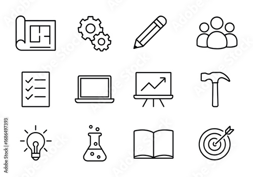 Project Icons Grid. Outline icon set of project-based learning: blueprint, gears, pencil, student group,