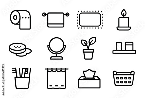 Bathroom Decor Icons. Outline icon set of bathroom decor: toilet paper roll, towel rack, rug, candle, soap