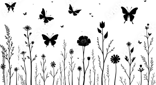 Elegant Black and White Butterflies in a Minimal Meadow