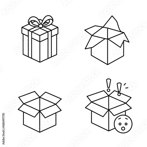 Collection of Gifts-themed icons, including wrapped present, unwrapped present, open box, surprise