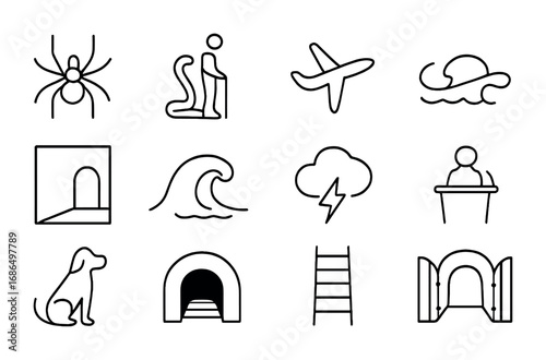 Phobia Icon Set. Outline icon set of overcoming phobias: spider, snake, heights, airplane, closed space, water