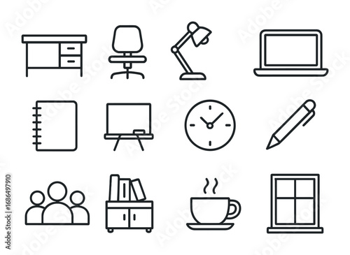 Study Room Icons. Outline icon set of study rooms: desk, chair, lamp, laptop, notebook, whiteboard, clock, pen