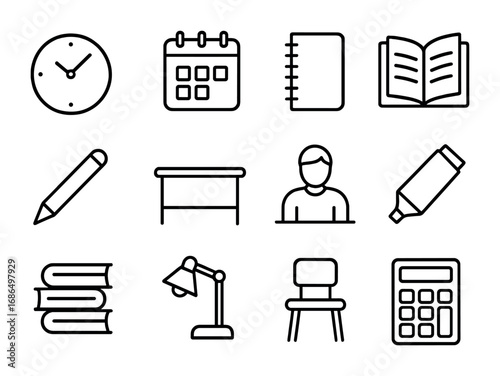 Exam Prep Icons Grid. Outline icon set of exam preparation: clock, calendar, notepad, open book, pencil, desk,
