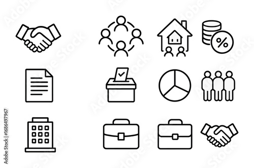 Cooperative Business Icons. Outline icon set of cooperative business models: handshake, people circle, shared