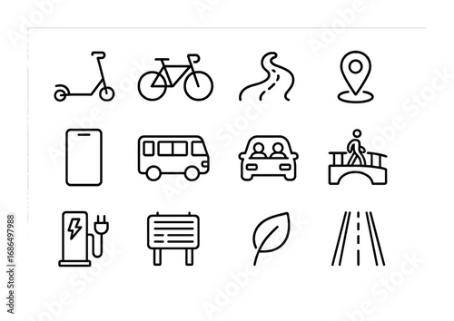 Last-Mile Solutions Icons. Outline icon set of last-mile solutions: scooter, bike, walking path, GPS pin,