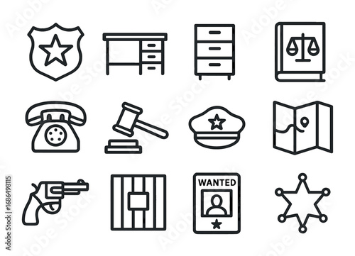 Sheriff's Icon Set. Outline icon set of sheriff’s office: badge, desk, filing cabinet, law book, telephone,