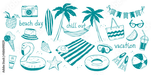 Hand-drawn doodle set of beach vacation objects and accessories for summer seaside fun. Includes palm tree, hammock, camera, inflatable ring, flamingo, beach mat, sun hat, watermelon, cocktails