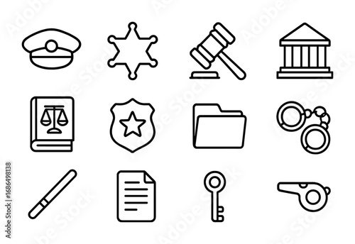 Court Bailiffs Icon Set. Outline icon set of court bailiffs: officer hat, sheriff star, gavel, courthouse, law