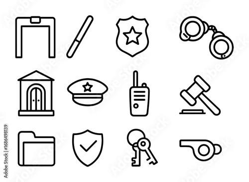 Court Security Icons. Outline icon set of courtroom security: metal detector, baton, badge, handcuffs,