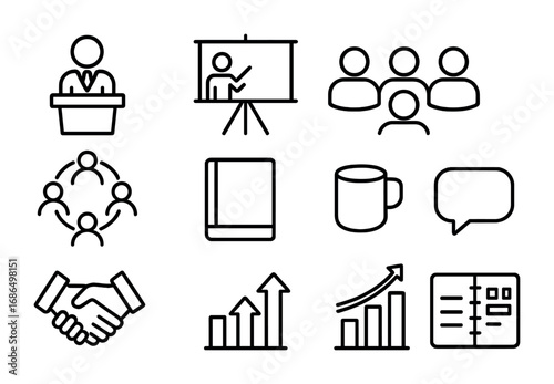Leadership Seminar Icons. Outline icon set of leadership seminars: lecturer, presentation screen, audience,
