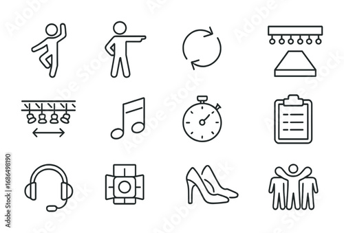 Fashion Show Icons. Outline icon set of fashion show choreography: dancer, choreographer, arrows of movement,