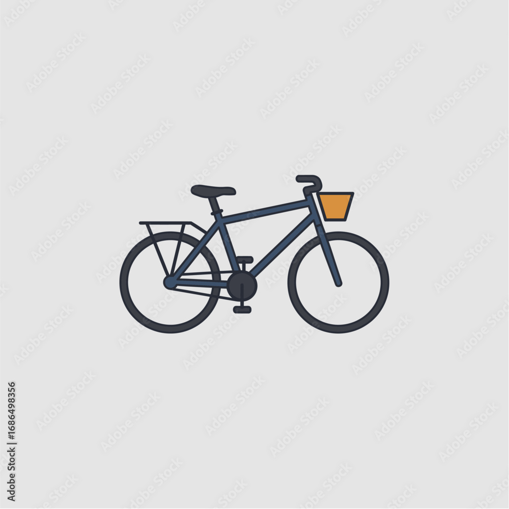Fototapeta premium A simple, flat illustration of a blue bicycle with a basket on the front and a rack on the back, set against a plain gray background.