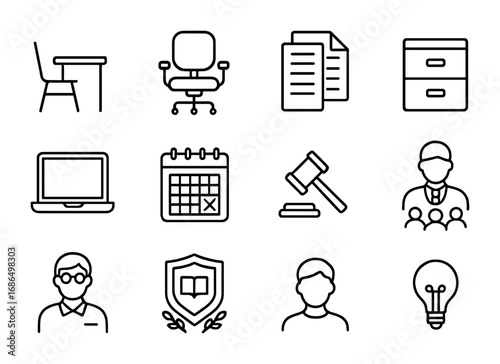 Educational Icons Grid. Outline icon set of educational administration: school desk, office chair, documents,