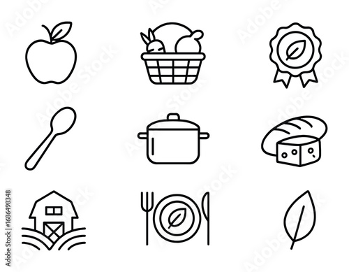 Sustainable Food Icons. Outline icon set of sustainable food tourism: organic fruit, vegetable basket, eco