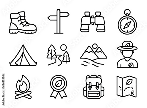 Ecotourism Icon Set. Outline icon set of ecotourism: hiking boots, trail sign, binoculars, compass, tent,