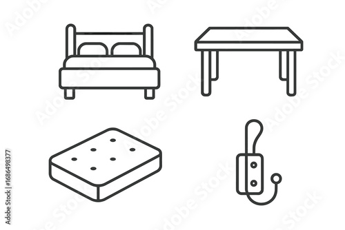 Furniture Outline Simple Icons Bundle with Bed, Table, Mattress, and Coat Hook for Card, Post, App, Website Design, Vector Cartoon Style Elements for Interior and Home Decor