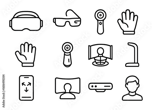 AR and VR Icons. Outline icon set of AR and VR devices: VR headset, AR glasses, motion controller, gloves, 360