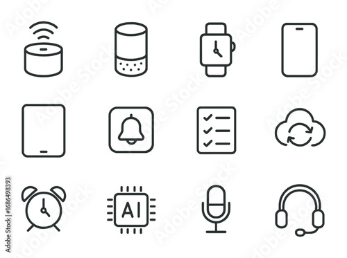 Assistant Gadget Icons. Outline icon set of personal assistant gadgets: voice assistant, smart speaker,