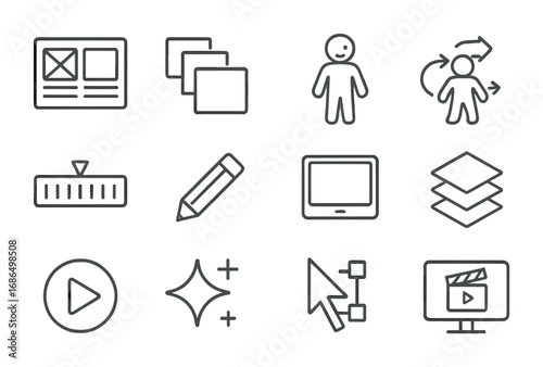 Animation Icon Set. Outline icon set of animation creation: storyboard, frame sequence, character, motion