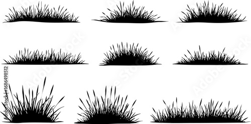 Set of Grass Clumps Black Silhouette Illustrations