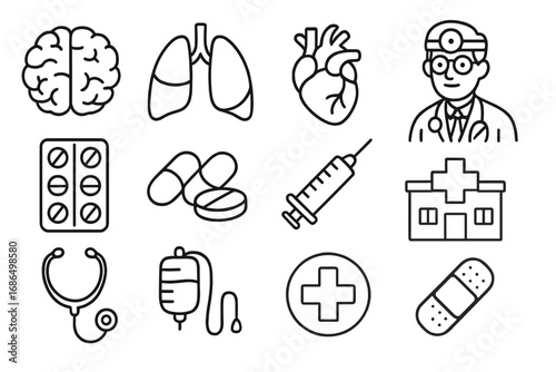 Hospital and Medical Icon Collection with Organs, Doctor, Pills, Syringe, Clinic, Stethoscope, IV Bag, Medical Cross and Bandage Vector Cartoon Set for Health Design and Apps