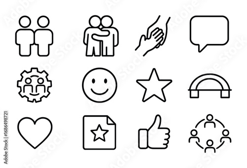 Peer Support Icons. Outline icon set of peer support: two figures side by side, hug icon, helping hand, chat