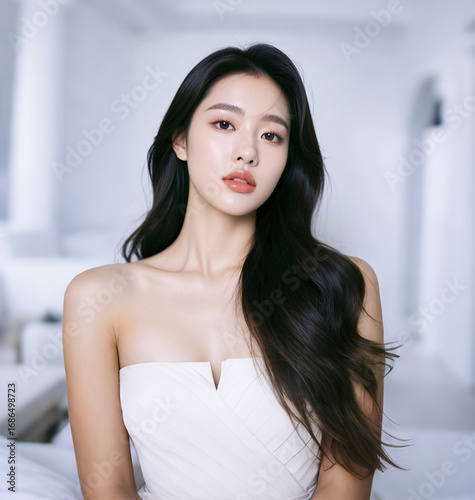 Model in a light-colored strapless dress, hair cascading naturally, radiating elegant freshness