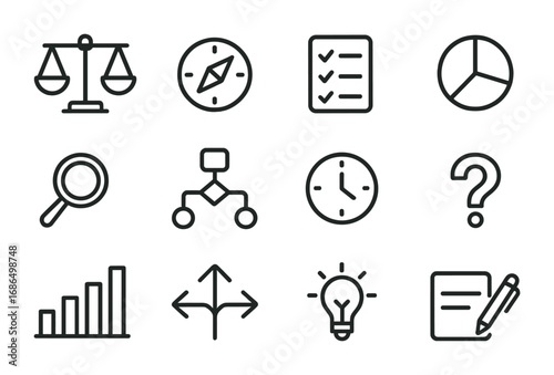 Decision Tools Icon Set. Outline icon set of decision support tools: balance scale, compass, checklist, pie