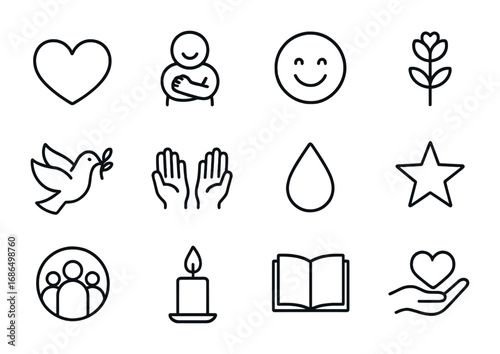 Empathy Icon Set. Outline icon set of empathy and care: heart, hug, smiling face, flower, peace dove, open