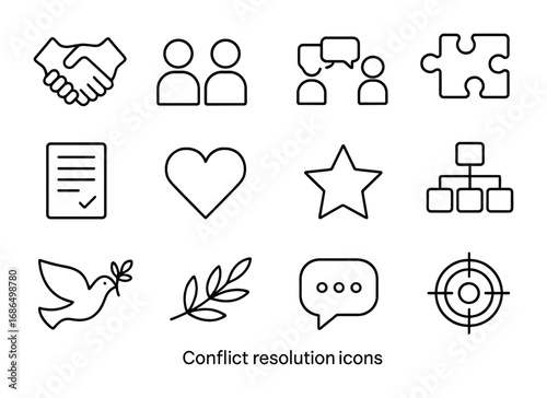 Conflict Resolution Icons. Outline icon set of conflict resolution: handshake, two people talking, balance