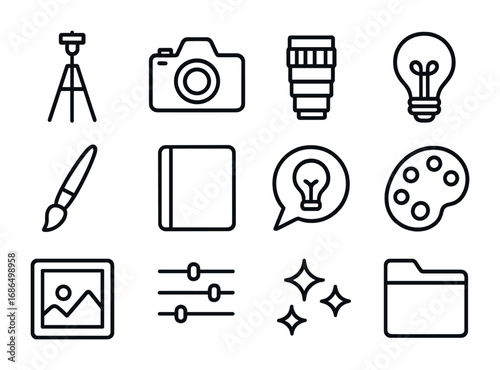 Creative Photography Icons. Outline icon set of creative photography projects: tripod, DSLR camera, lens,