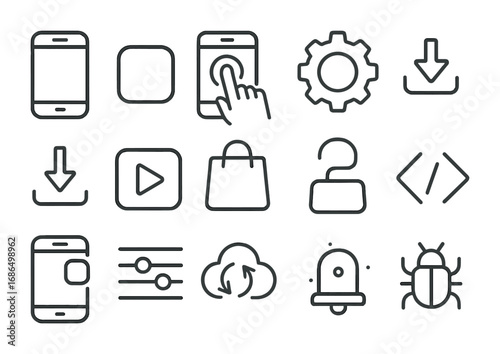 Mobile App Icons. Outline icon set of mobile app development: smartphone, app icon, touch screen, gear,