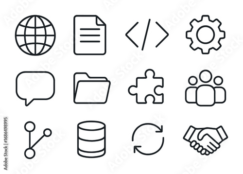 Open Source Icons. Outline icon set of open-source development: globe, document, code brackets, gear, chat