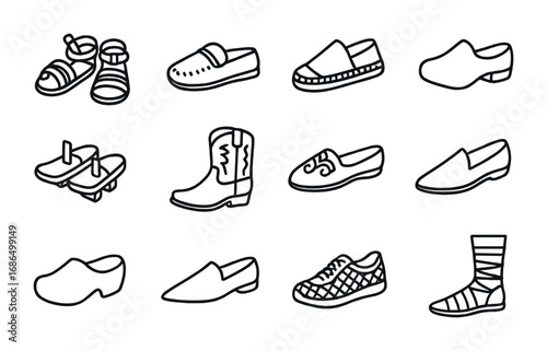Cultural Footwear Icons. Outline icon set of footwear from cultures: leather sandals, moccasins, espadrilles,
